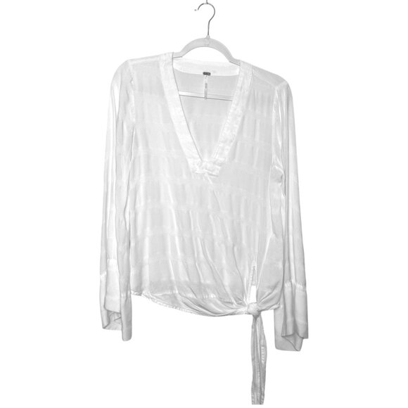 Free People V Neck Front Tie Blouse Women S White Bell Sleeve Boho Hippie - Picture 1 of 7